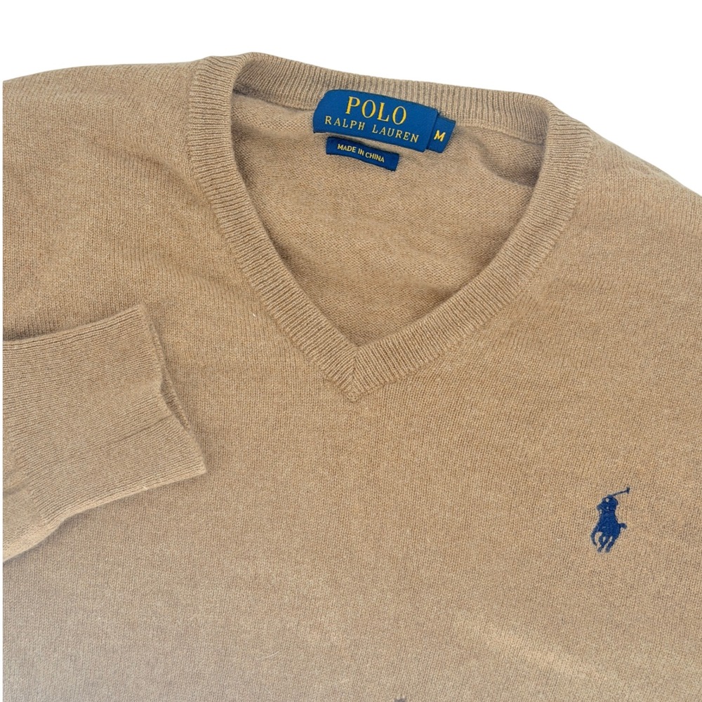 Polo Ralph Lauren Sweater Mens M Tan V-Neck Merino Wool Classic Preppy Pony